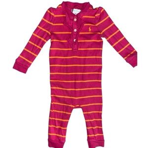 Ralph Lauren Infant Girl Pink Striped Onesie 9M Ruffle Chest Bodysuit